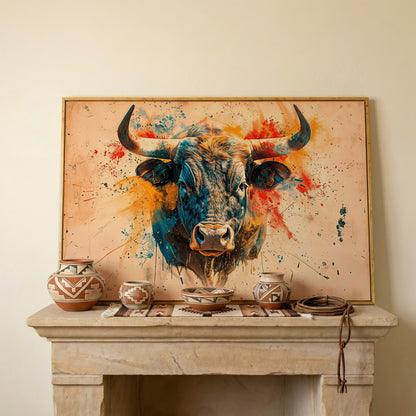 Bold Longhorn Bull Canvas Art, Head-On Portrait for Western Walls in white oak floating frame