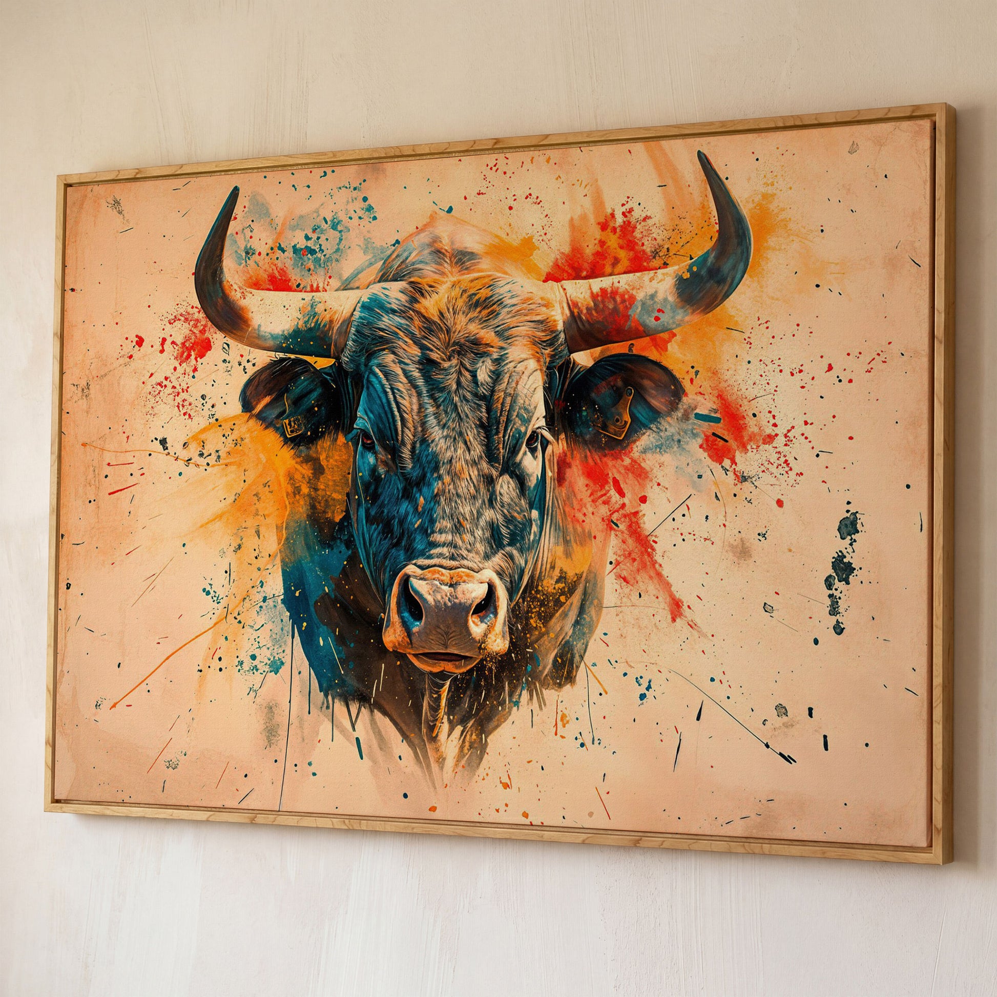 Bold Longhorn Bull Canvas Art, Head-On Portrait for Western Walls shown in white oak floating frame