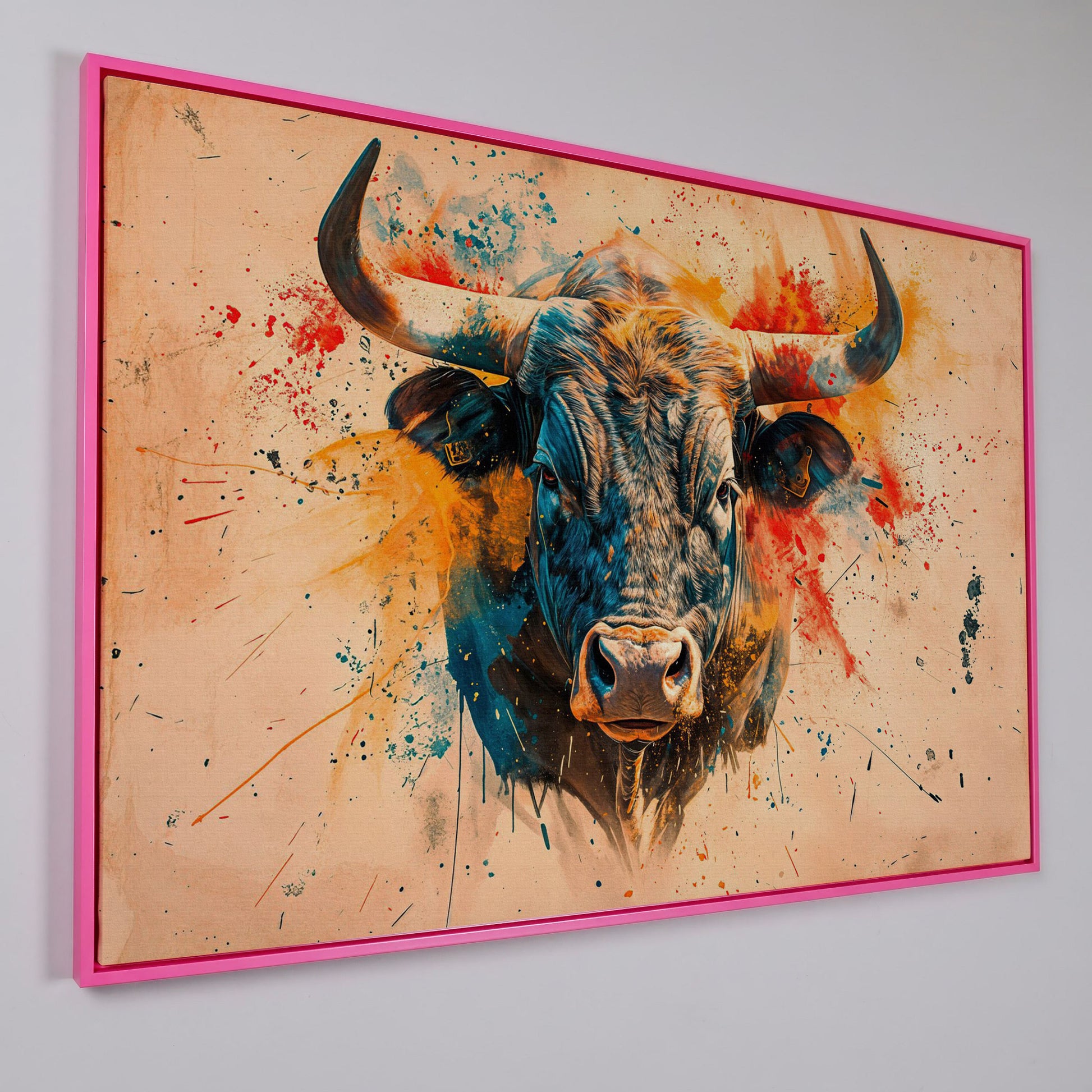 Bold Longhorn Bull Canvas Art, Head-On Portrait for Western Walls in pink floating frame