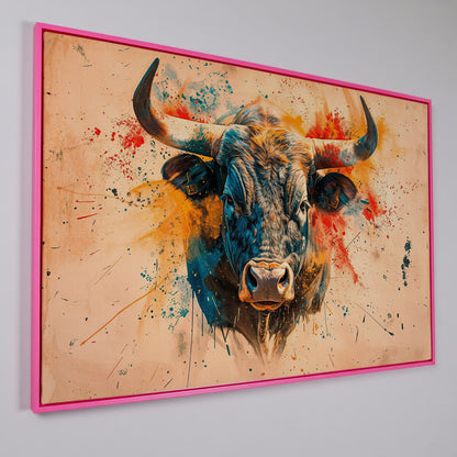 Bold Longhorn Bull Canvas Art, Head-On Portrait for Western Walls in pink floating frame