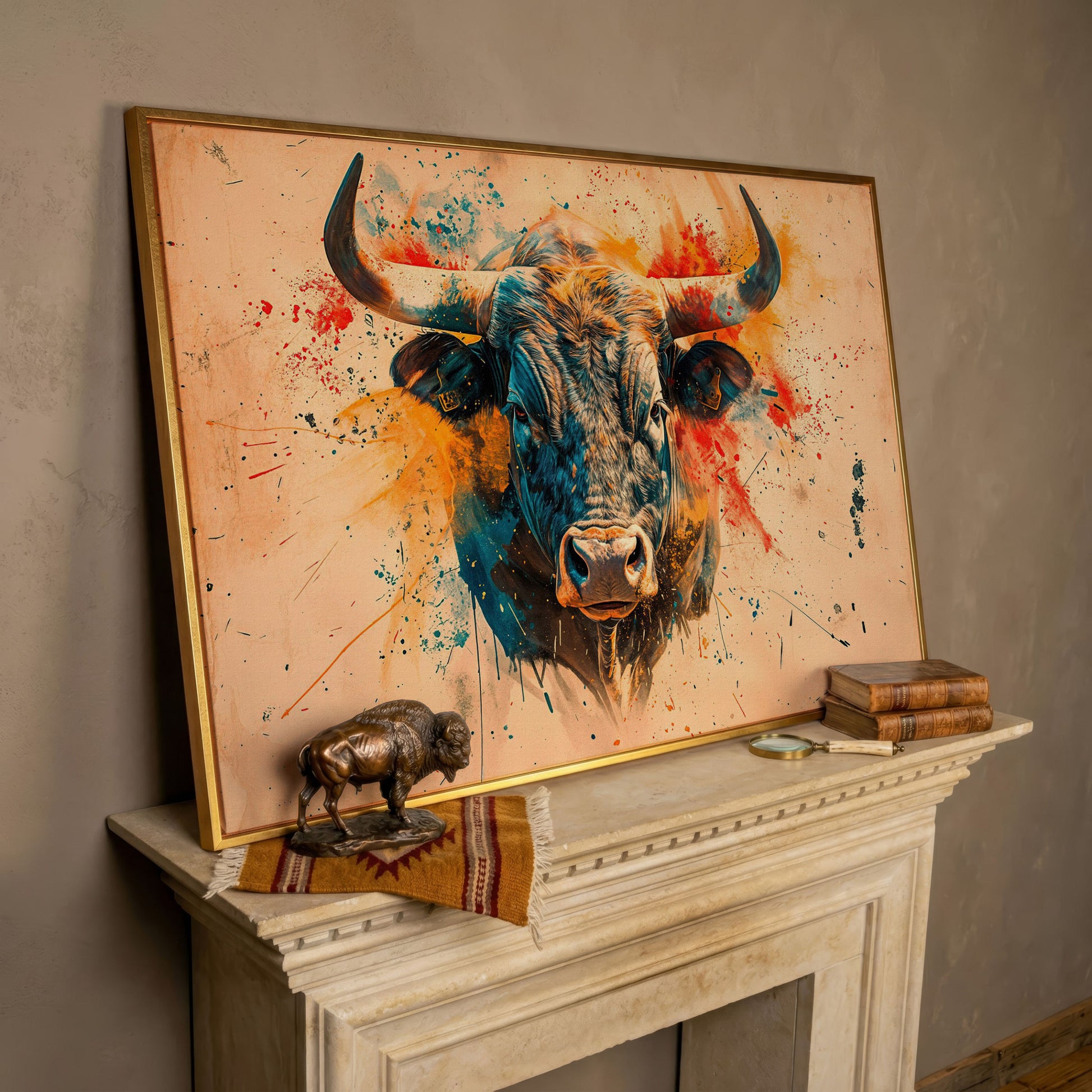 Bold Longhorn Bull Canvas Art, Head-On Portrait for Western Walls in rose gold floating frame