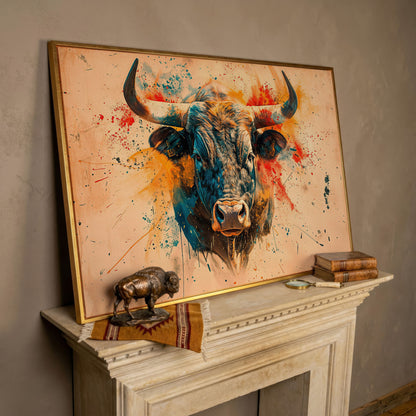 Bold Longhorn Bull Canvas Art, Head-On Portrait for Western Walls in rose gold floating frame