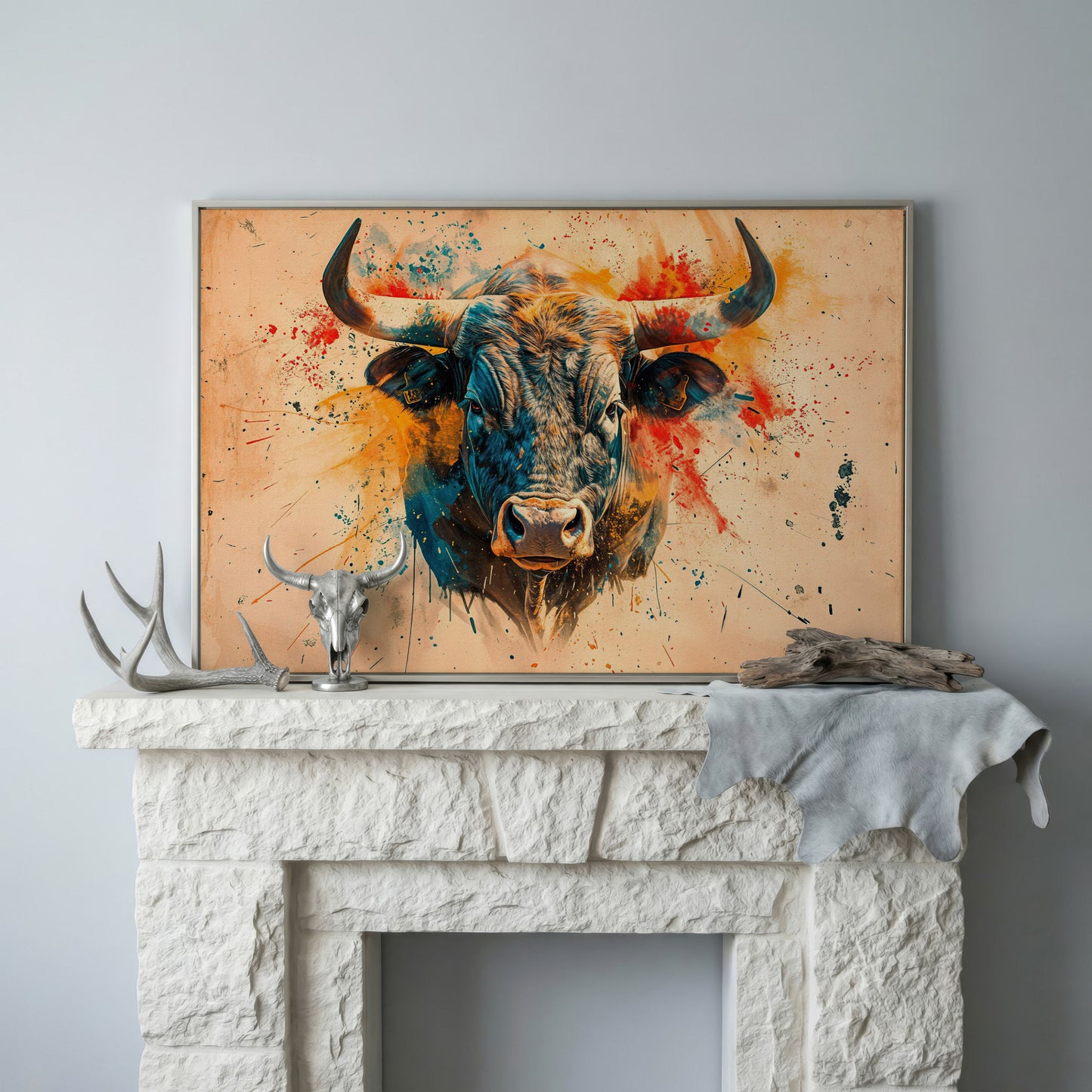 Bold Longhorn Bull Canvas Art, Head-On Portrait for Western Walls in silver floating frame