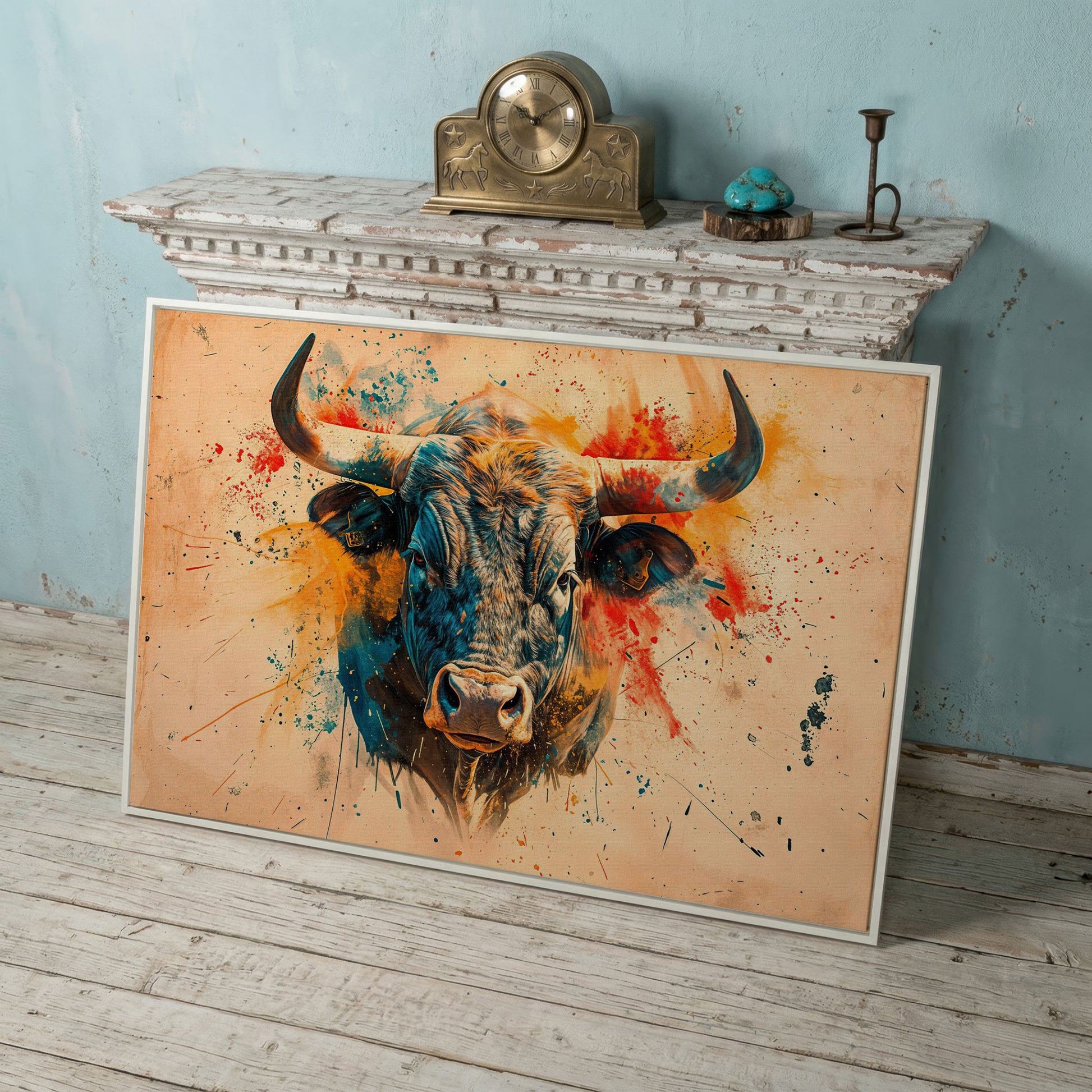 Bold Longhorn Bull Canvas Art, Head-On Portrait for Western Walls in white floating frame