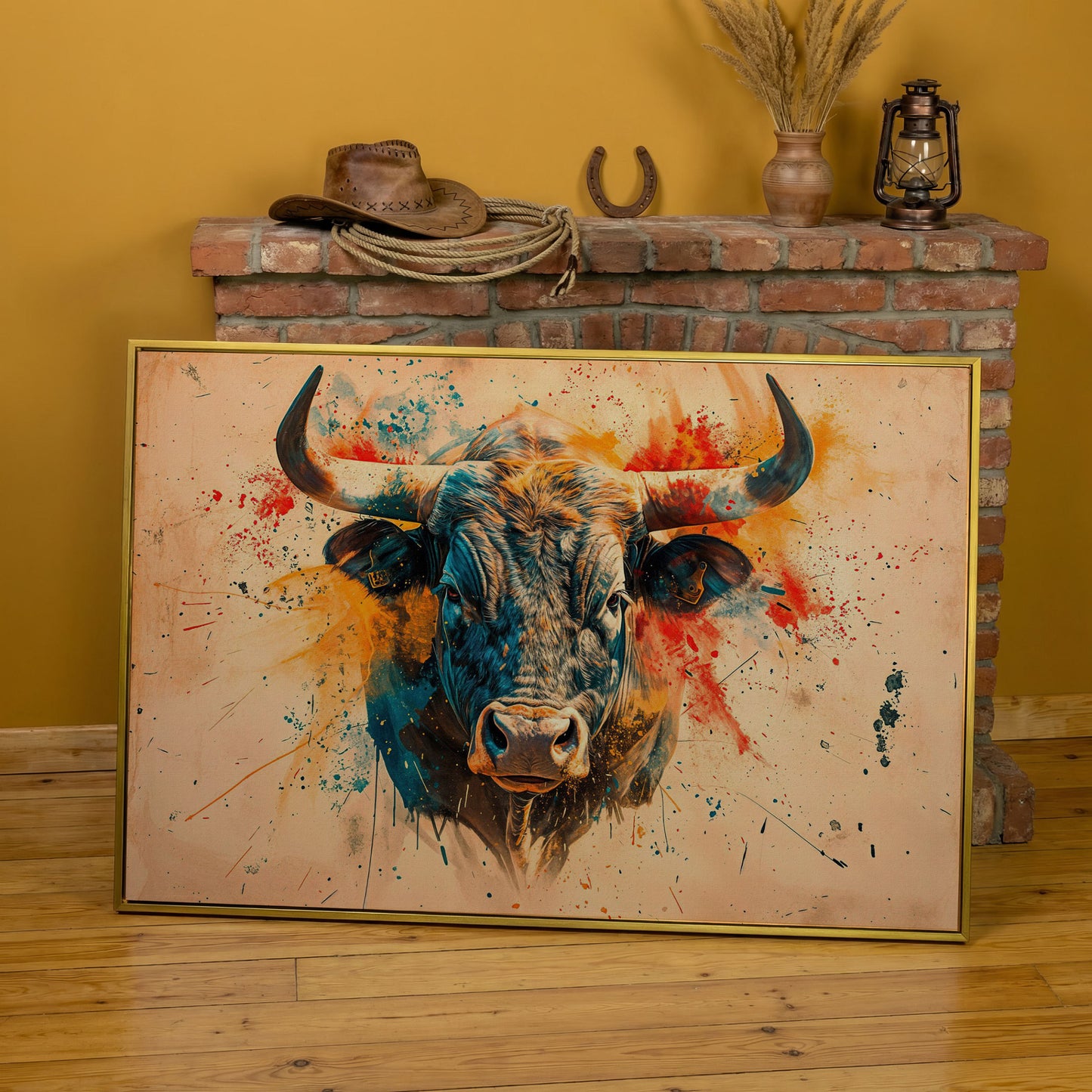 Bold Longhorn Bull Canvas Art, Head-On Portrait for Western Walls in yellow gold floating frame