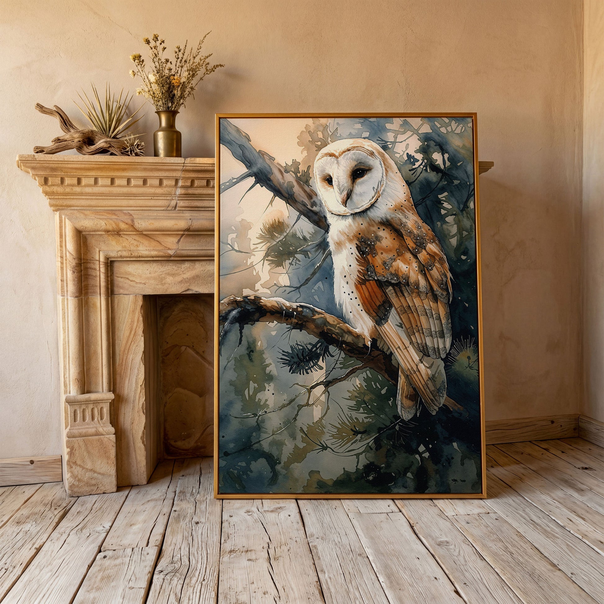 Forest Owl Watercolor Canvas Print in antique gold floating frame