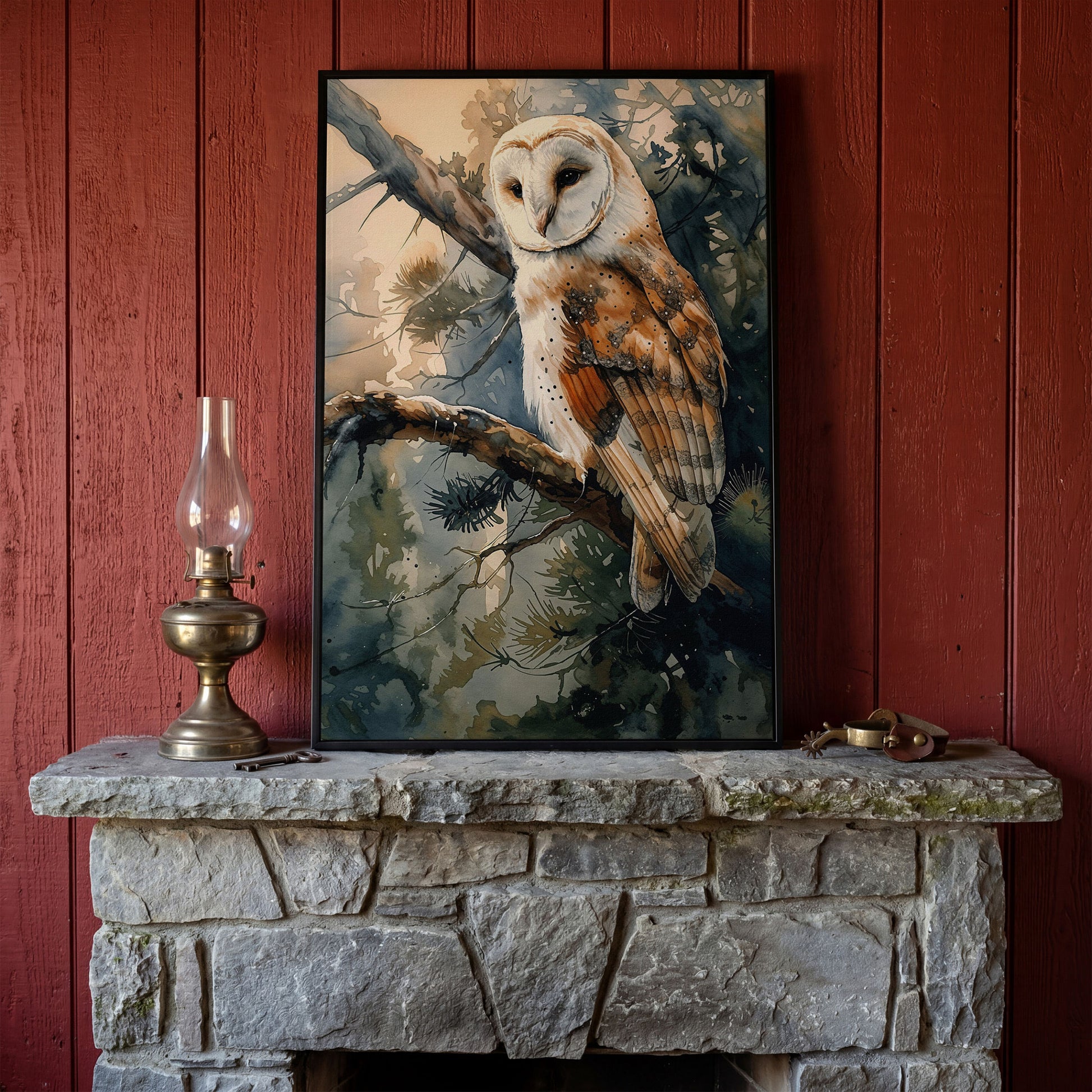 Forest Owl Watercolor Canvas Print in black floating frame