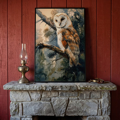Forest Owl Watercolor Canvas Print in black floating frame