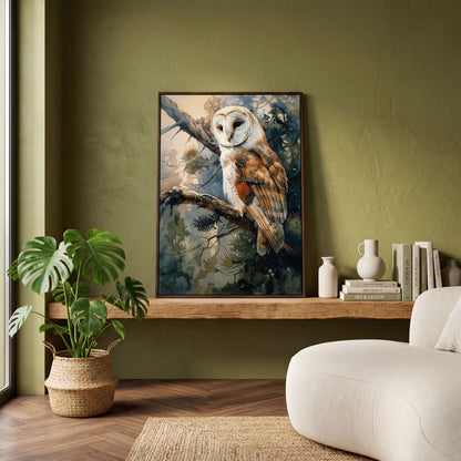 Forest Owl Watercolor Canvas Print in dark walnut floating frame