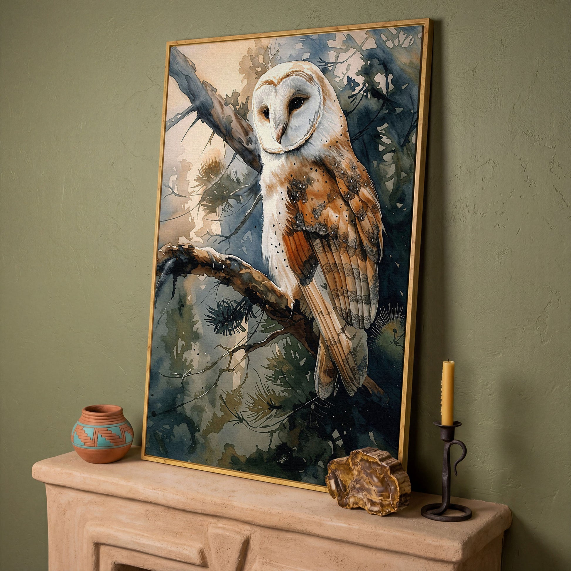 Forest Owl Watercolor Canvas Print in white oak floating frame