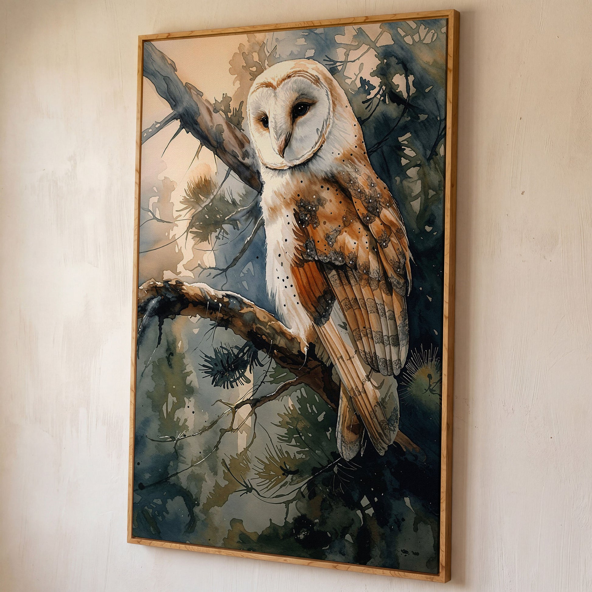 Forest Owl Watercolor Canvas Print shown in white oak floating frame