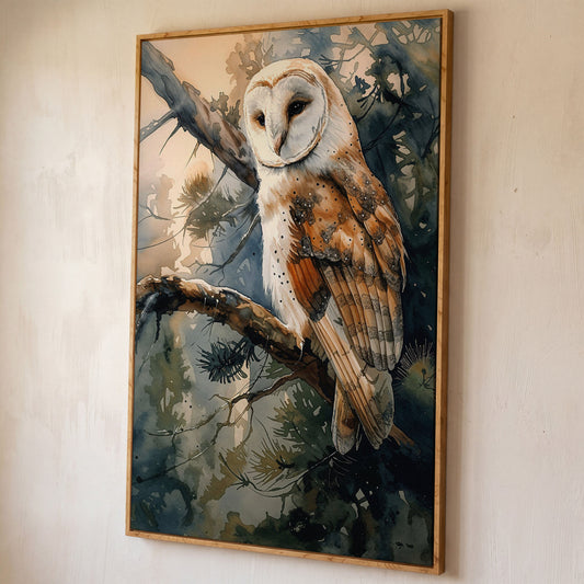 Forest Owl Watercolor Canvas Print shown in white oak floating frame