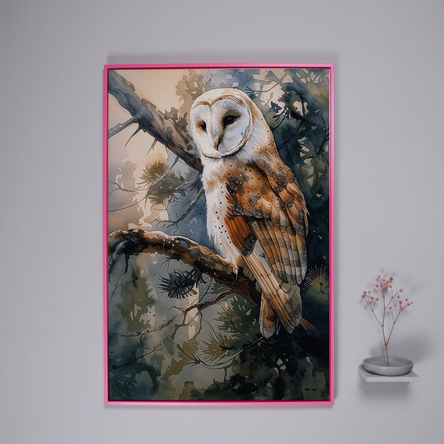 Forest Owl Watercolor Canvas Print in pink floating frame