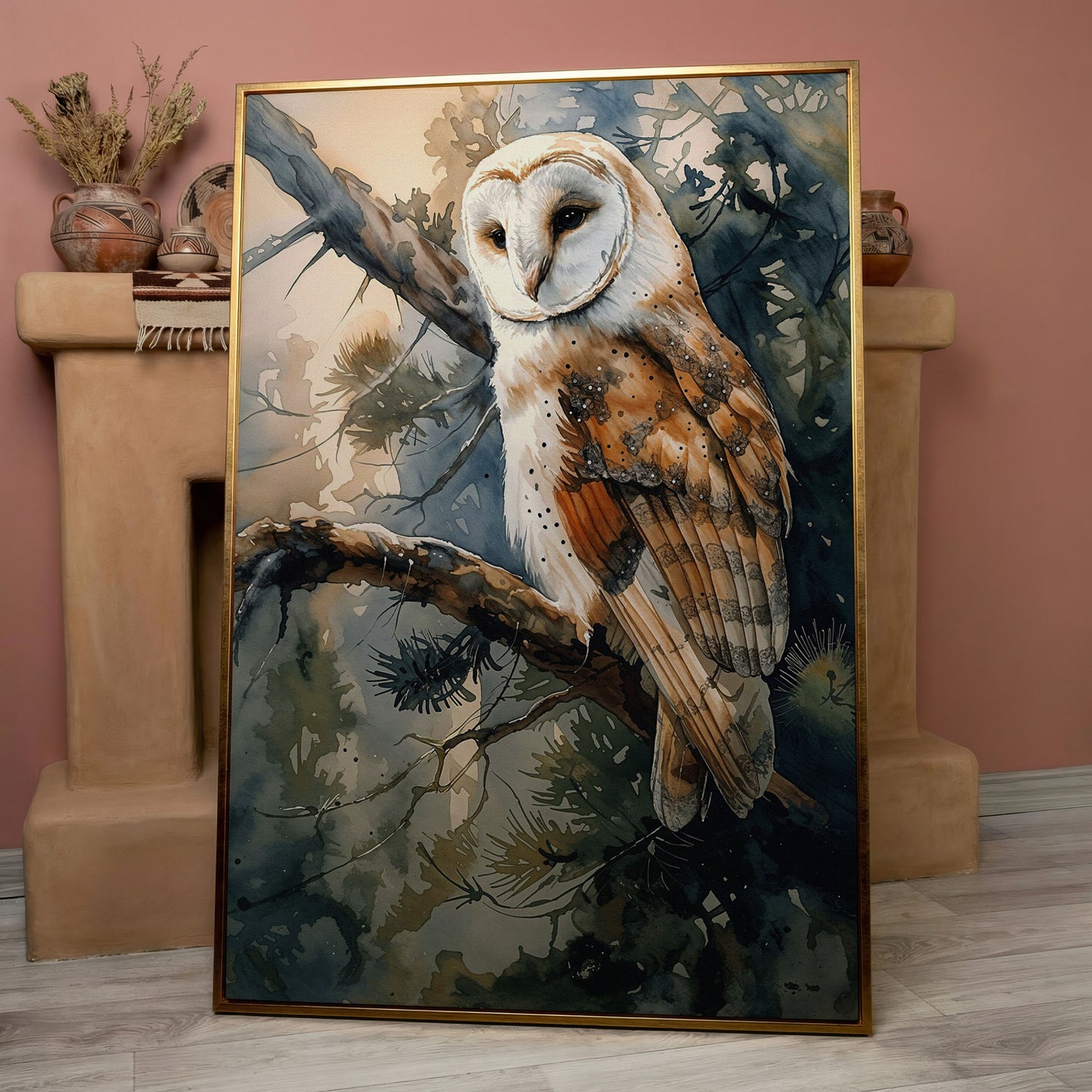 Forest Owl Watercolor Canvas Print in rose gold floating frame