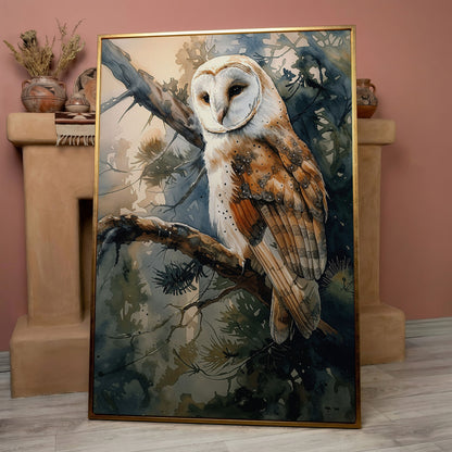 Forest Owl Watercolor Canvas Print in rose gold floating frame