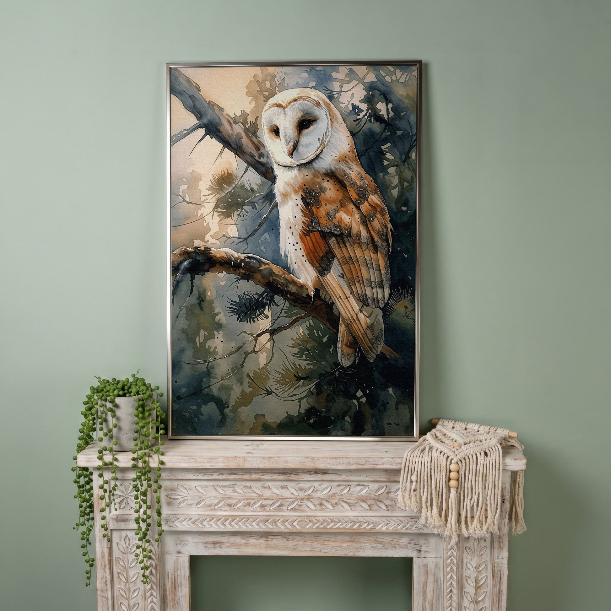 Forest Owl Watercolor Canvas Print in silver floating frame