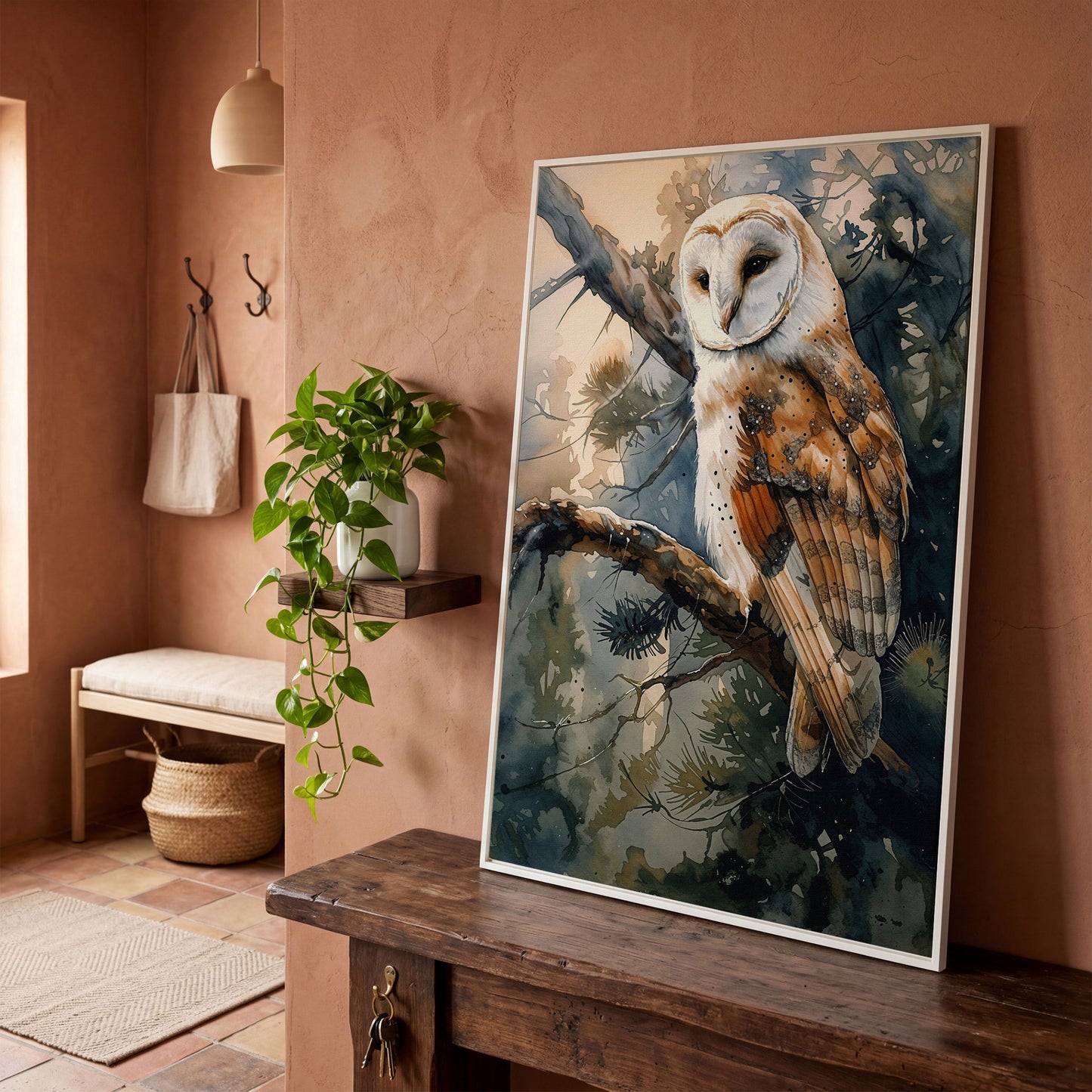 Forest Owl Watercolor Canvas Print in white floating frame