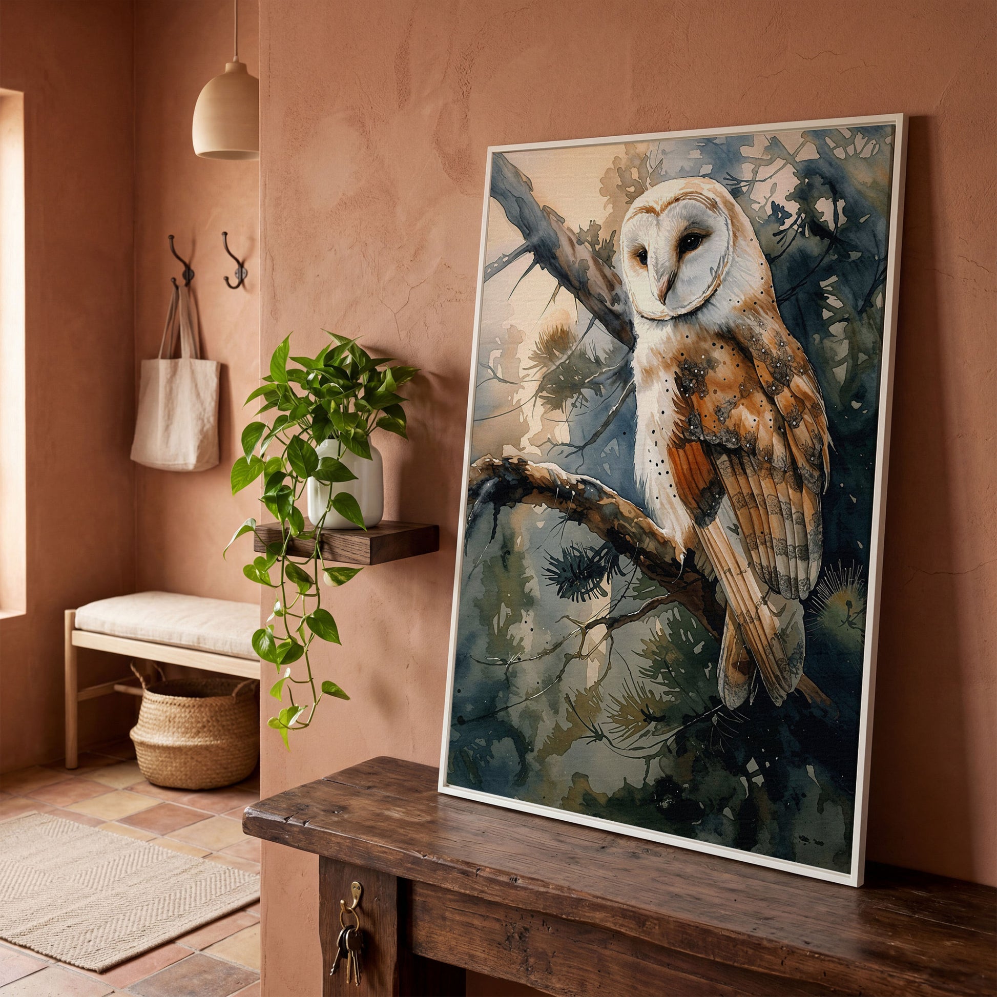 Forest Owl Watercolor Canvas Print in white floating frame