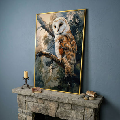 Forest Owl Watercolor Canvas Print in yellow gold floating frame
