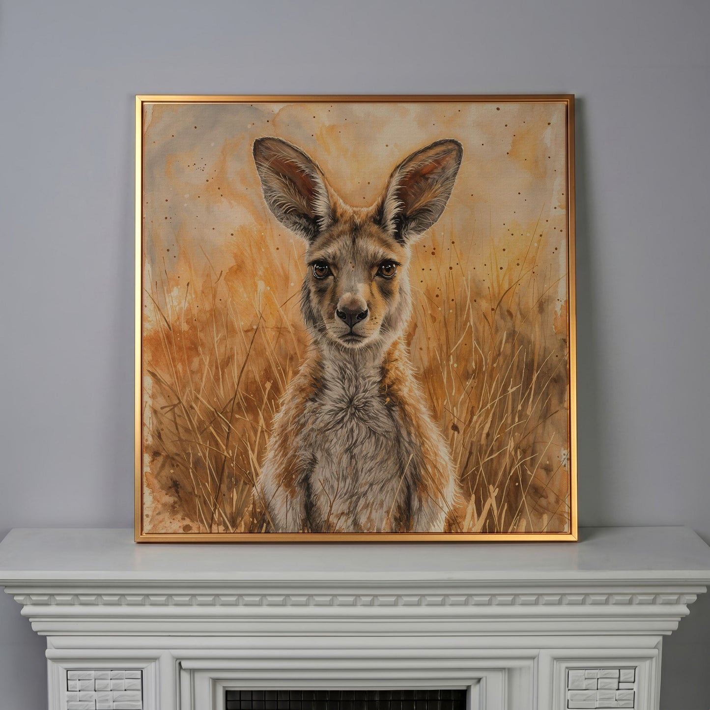Kangaroo in Golden Grass Canvas in antique gold floating frame