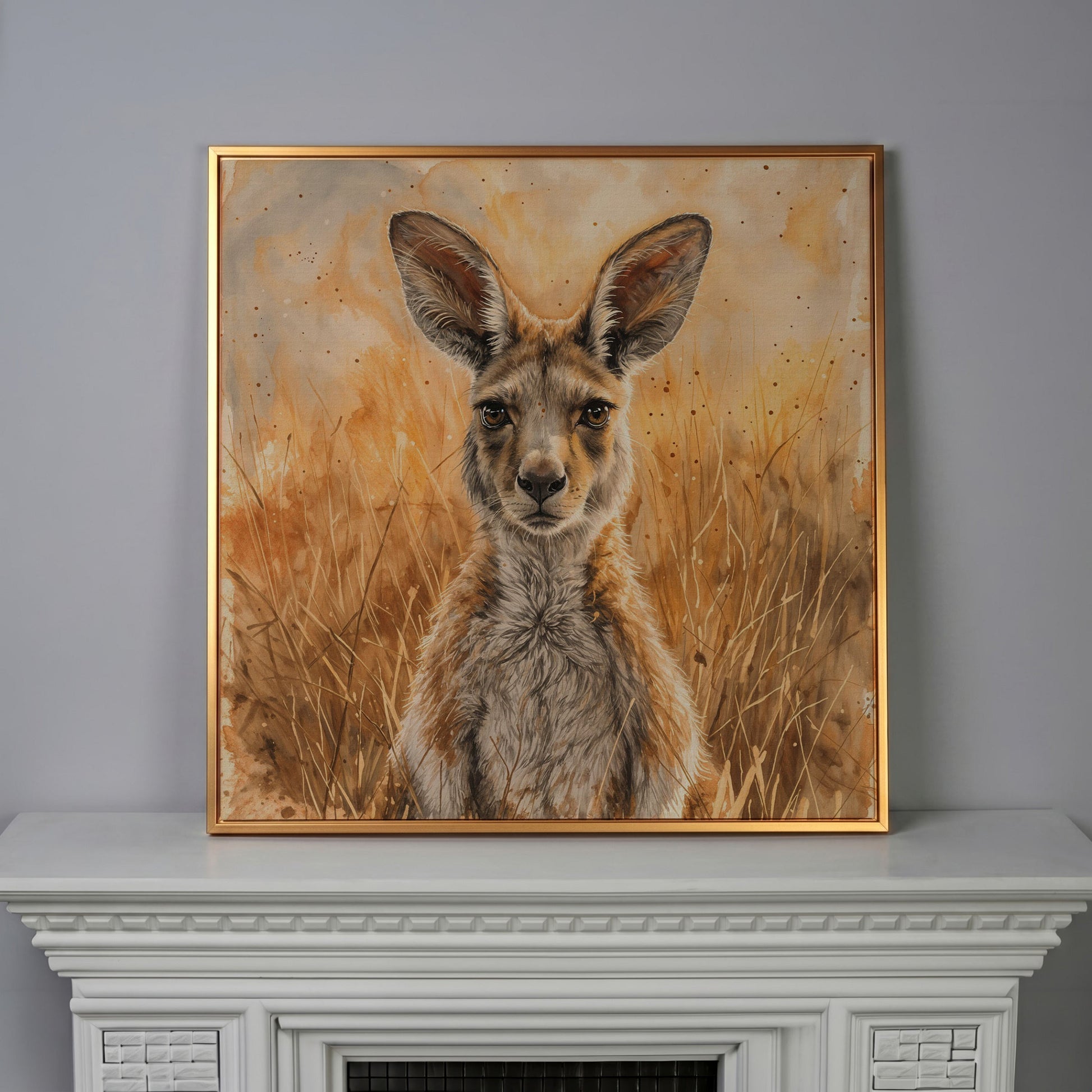 Kangaroo in Golden Grass Canvas in antique gold floating frame