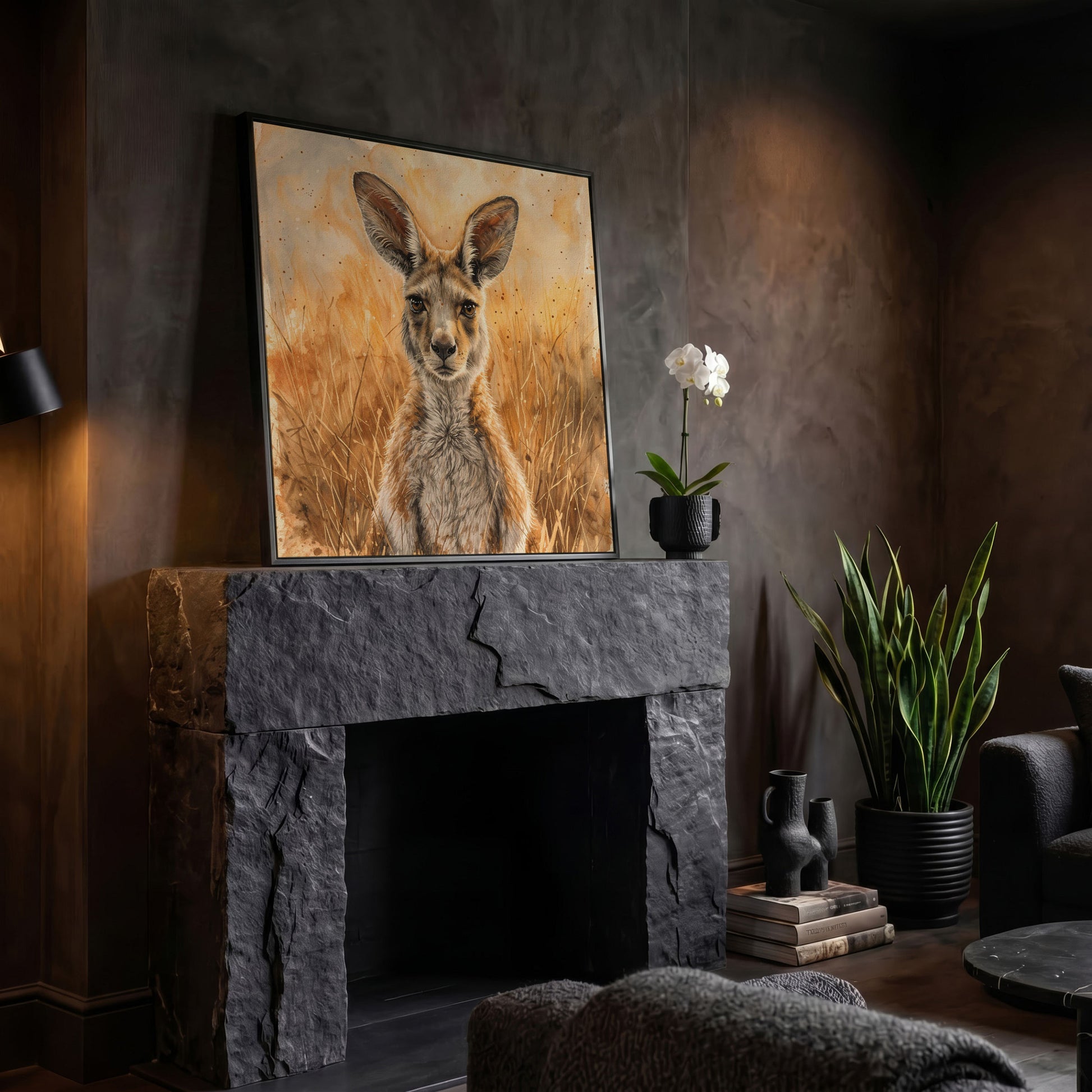 Kangaroo in Golden Grass Canvas in black floating frame