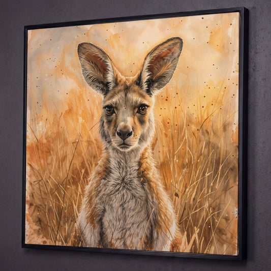 Kangaroo in Golden Grass Canvas shown in black floating frame