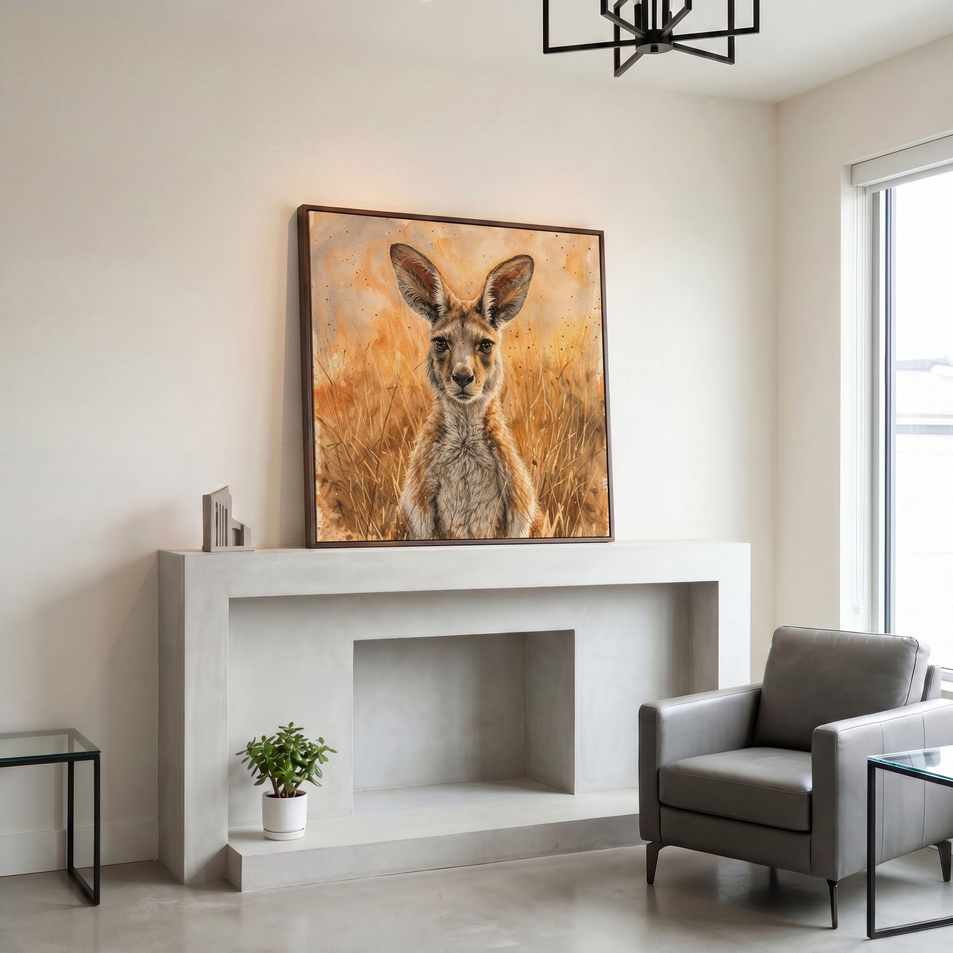 Kangaroo in Golden Grass Canvas in dark walnut floating frame