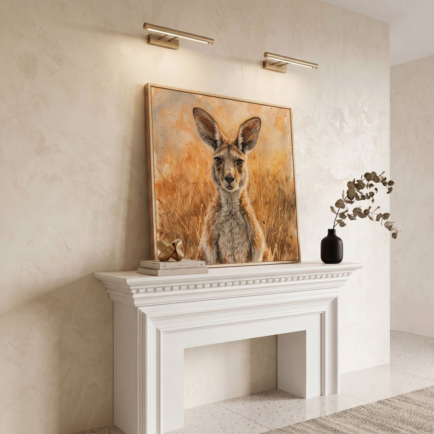 Kangaroo in Golden Grass Canvas in white oak floating frame