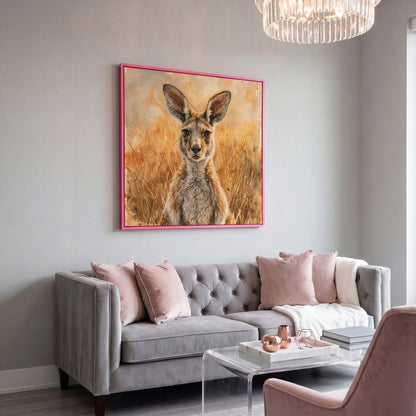 Kangaroo in Golden Grass Canvas in pink floating frame