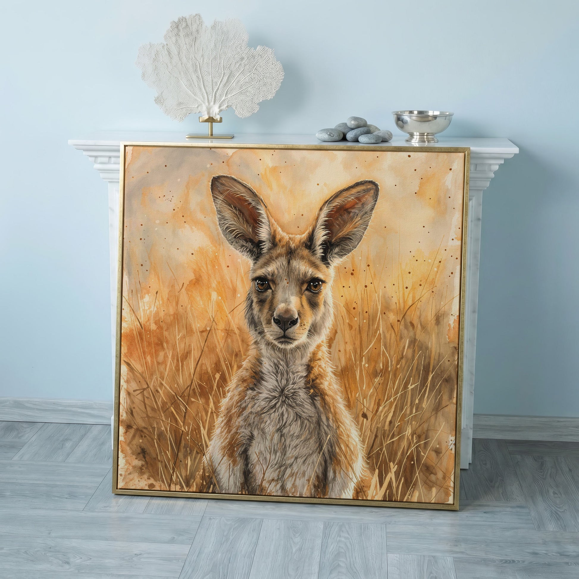 Kangaroo in Golden Grass Canvas in rose gold floating frame