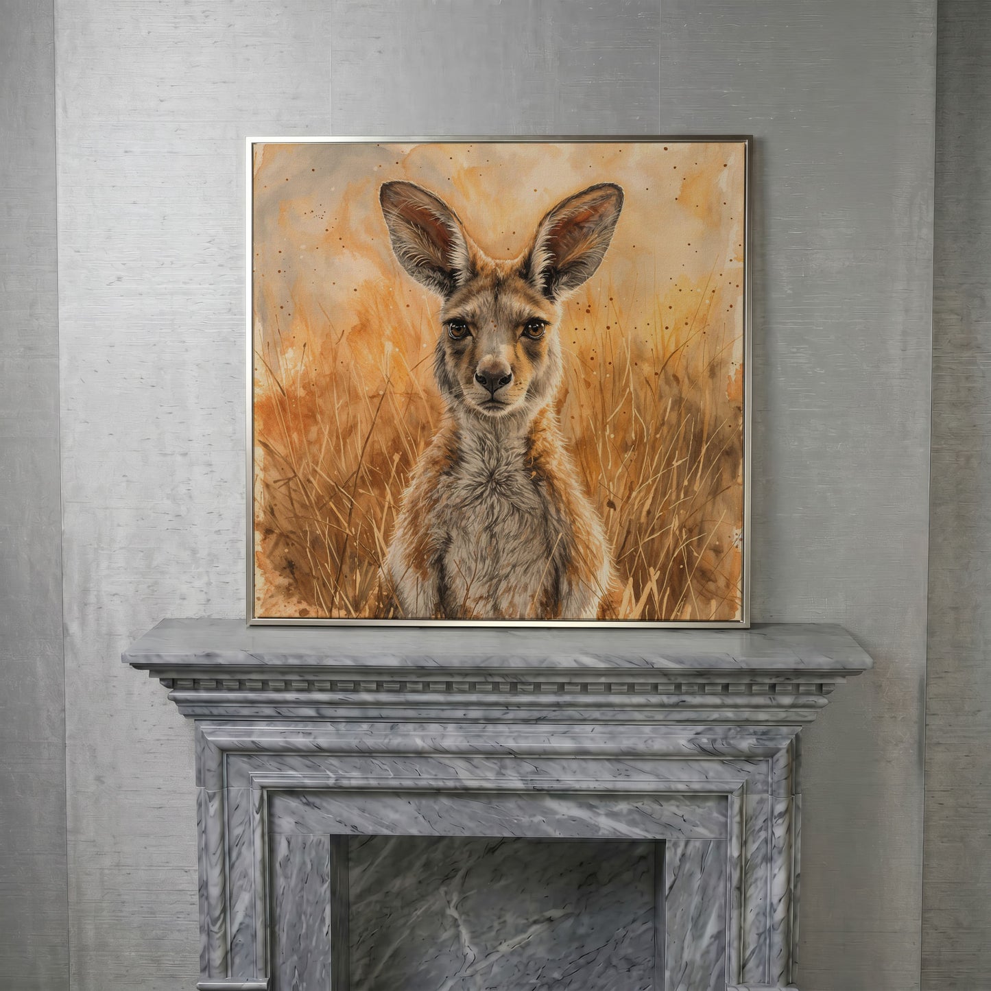 Kangaroo in Golden Grass Canvas in silver floating frame
