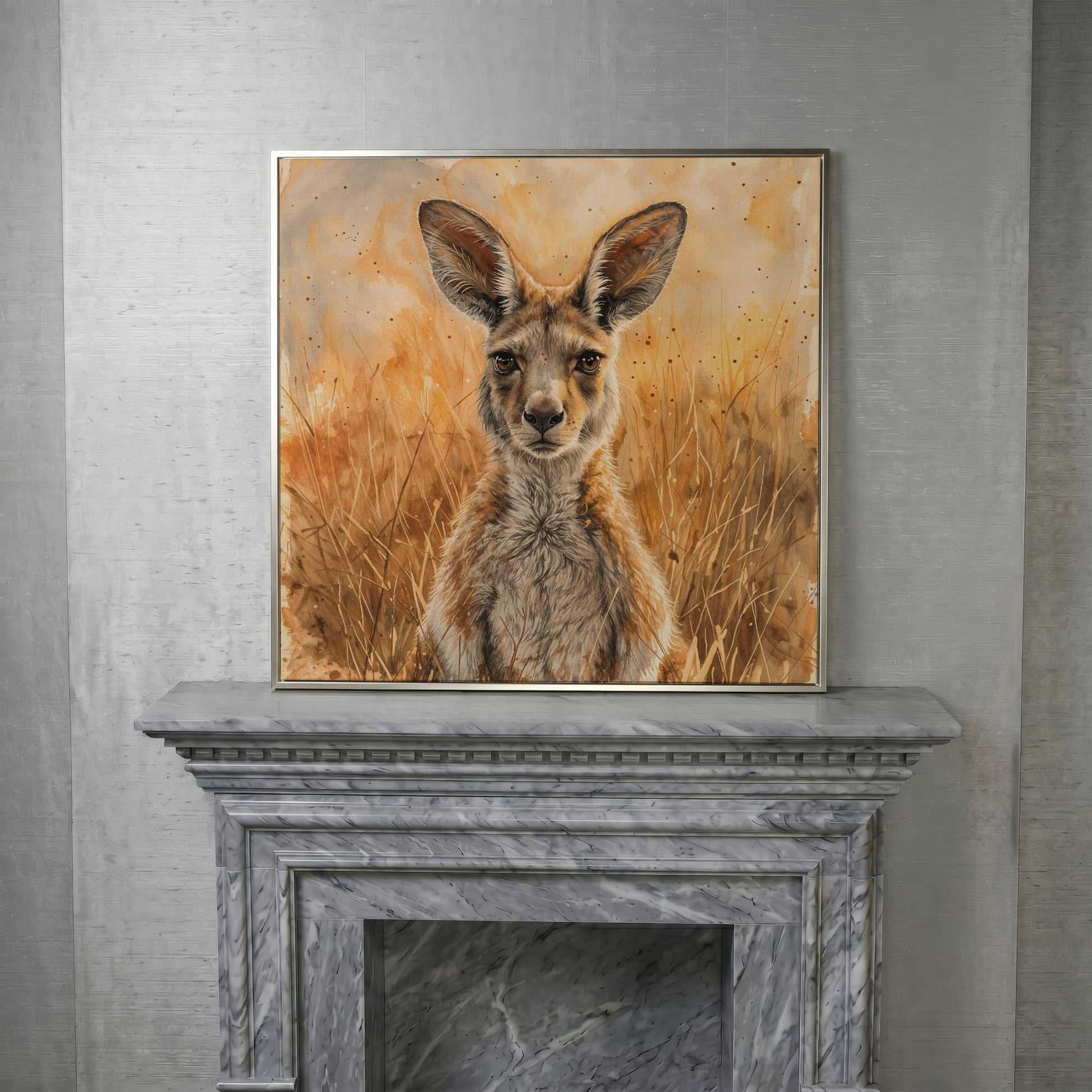 Kangaroo in Golden Grass Canvas in silver floating frame