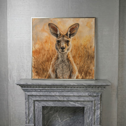 Kangaroo in Golden Grass Canvas in silver floating frame