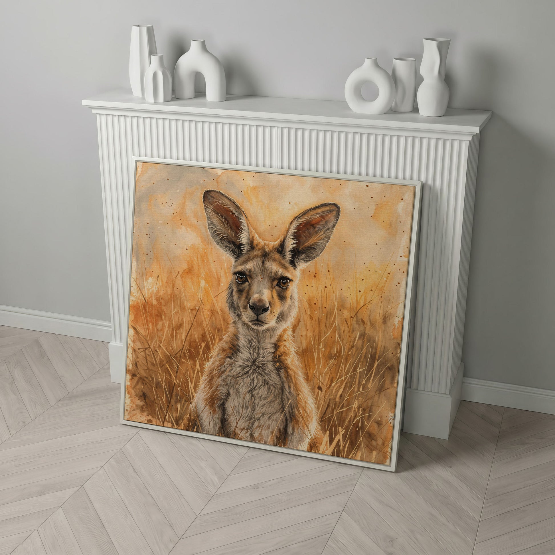 Kangaroo in Golden Grass Canvas in white floating frame