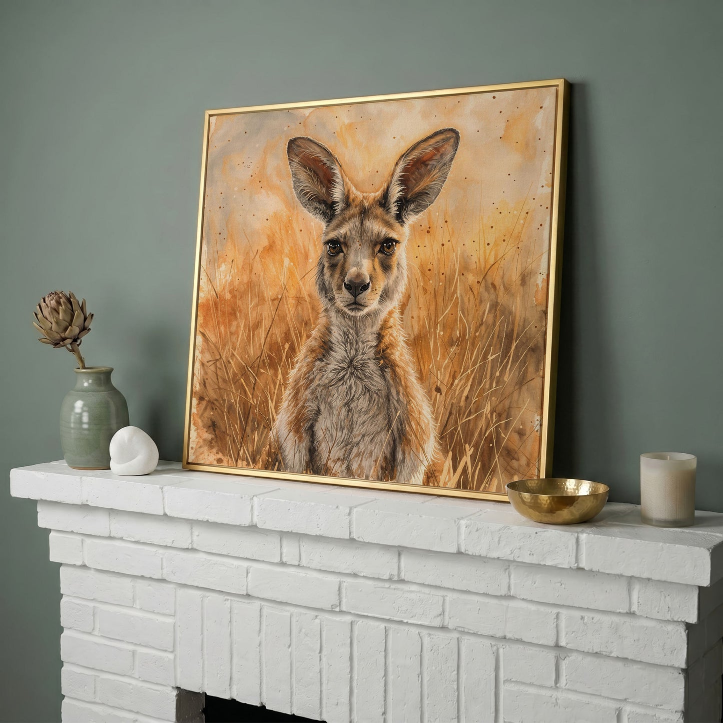 Kangaroo in Golden Grass Canvas in yellow gold floating frame