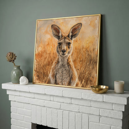 Kangaroo in Golden Grass Canvas in yellow gold floating frame