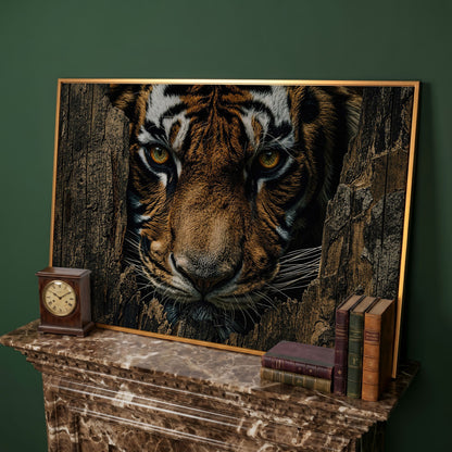 Bengal Tiger Close-Up Canvas Art, Peering Through Aged Wood in antique gold floating frame