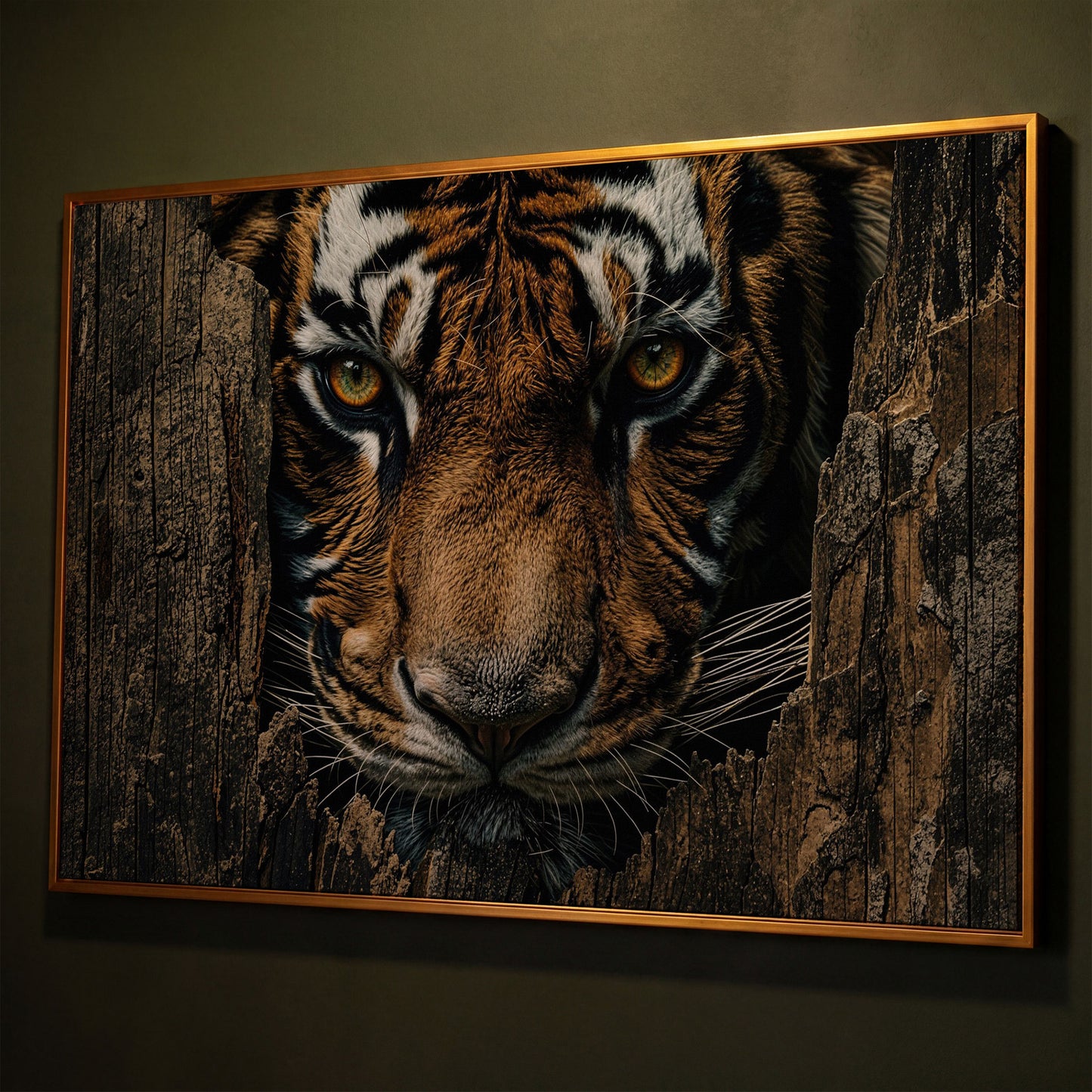 Bengal Tiger Close-Up Canvas Art, Peering Through Aged Wood shown in antique gold floating frame