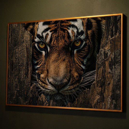 Bengal Tiger Close-Up Canvas Art, Peering Through Aged Wood shown in antique gold floating frame