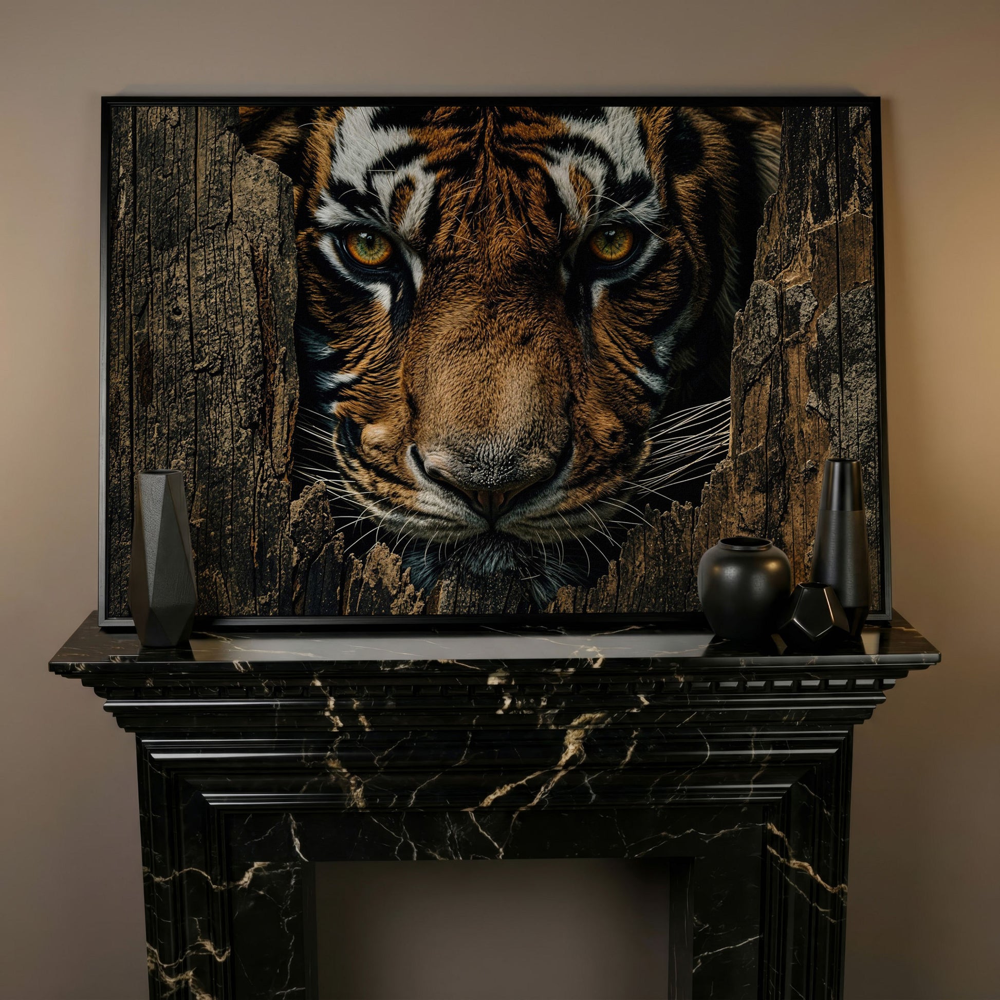 Bengal Tiger Close-Up Canvas Art, Peering Through Aged Wood in black floating frame