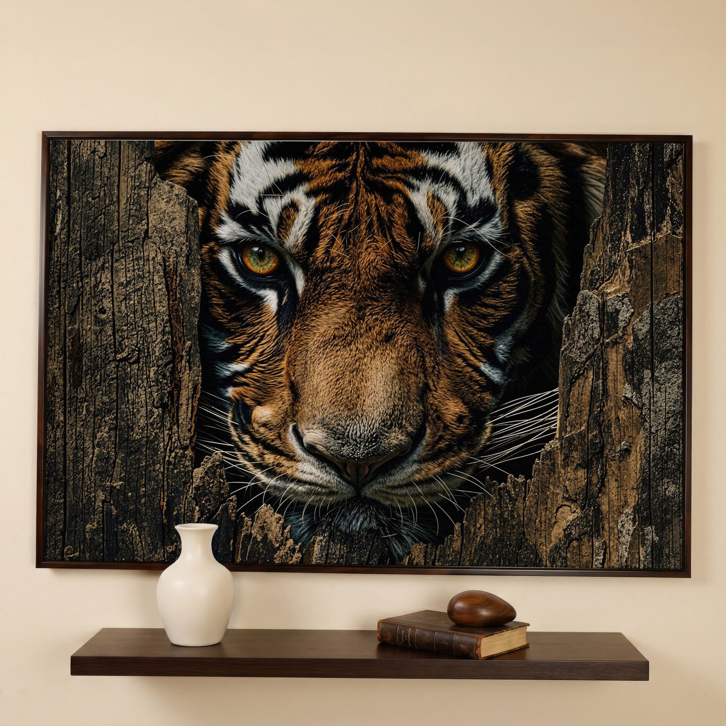Bengal Tiger Close-Up Canvas Art, Peering Through Aged Wood in dark walnut floating frame