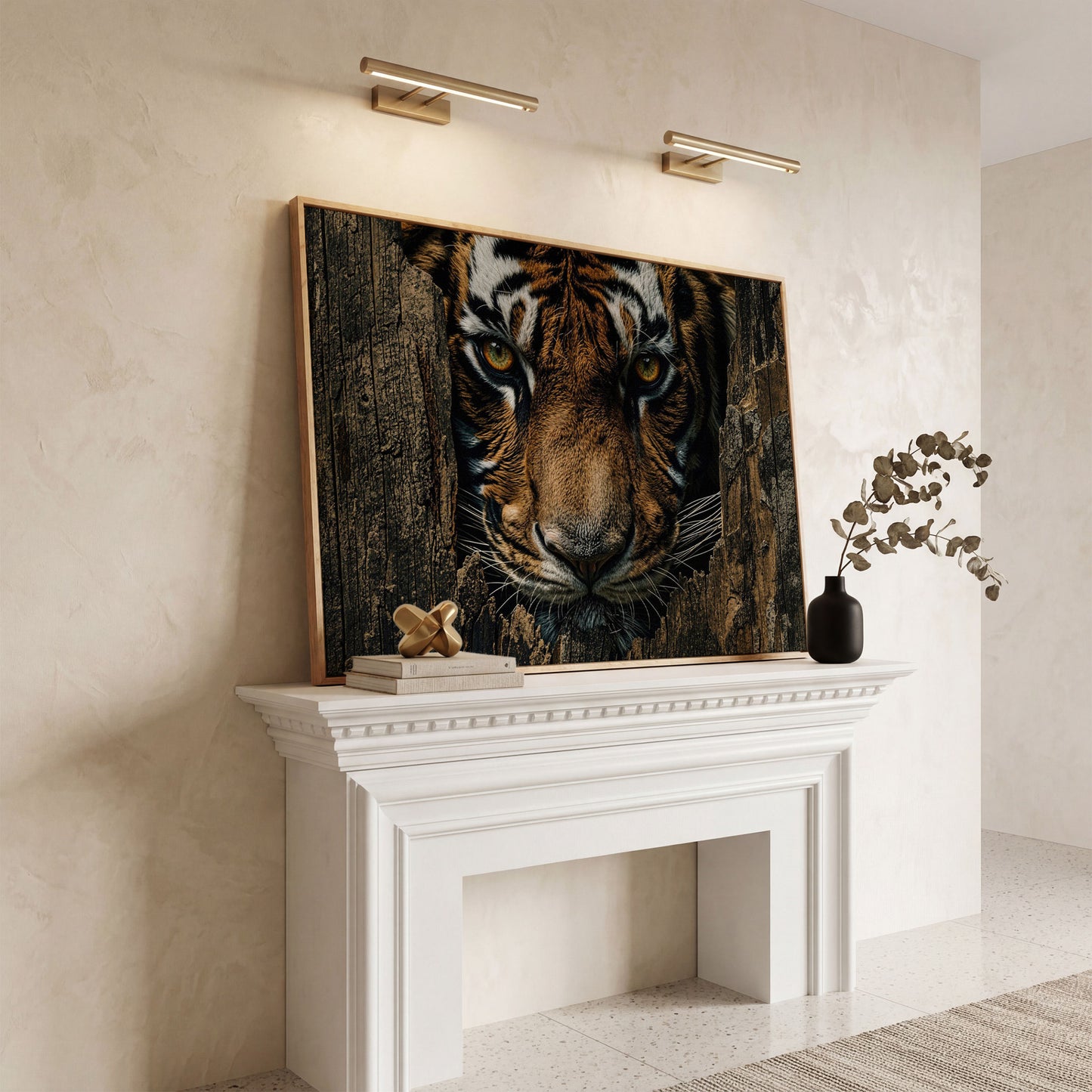 Bengal Tiger Close-Up Canvas Art, Peering Through Aged Wood in white oak floating frame
