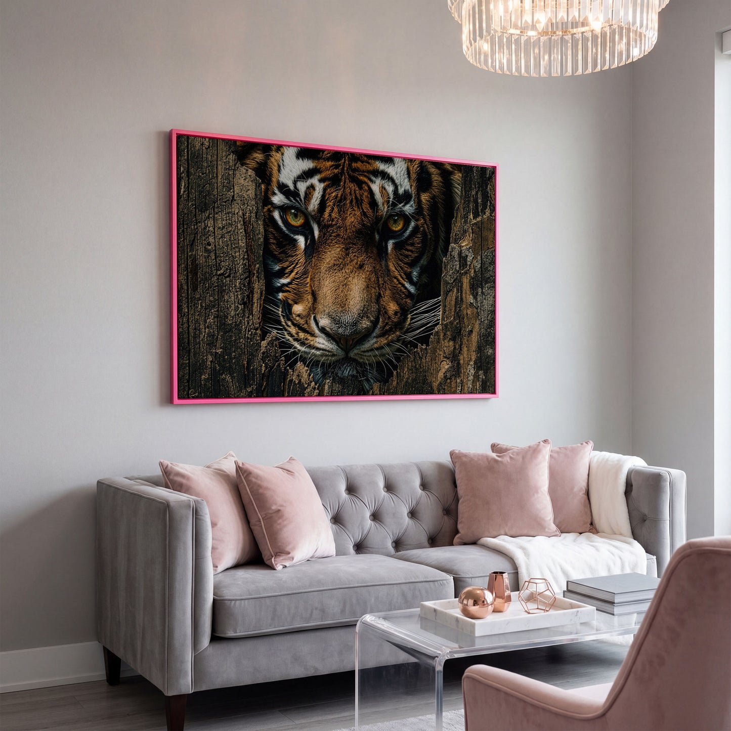 Bengal Tiger Close-Up Canvas Art, Peering Through Aged Wood in pink floating frame