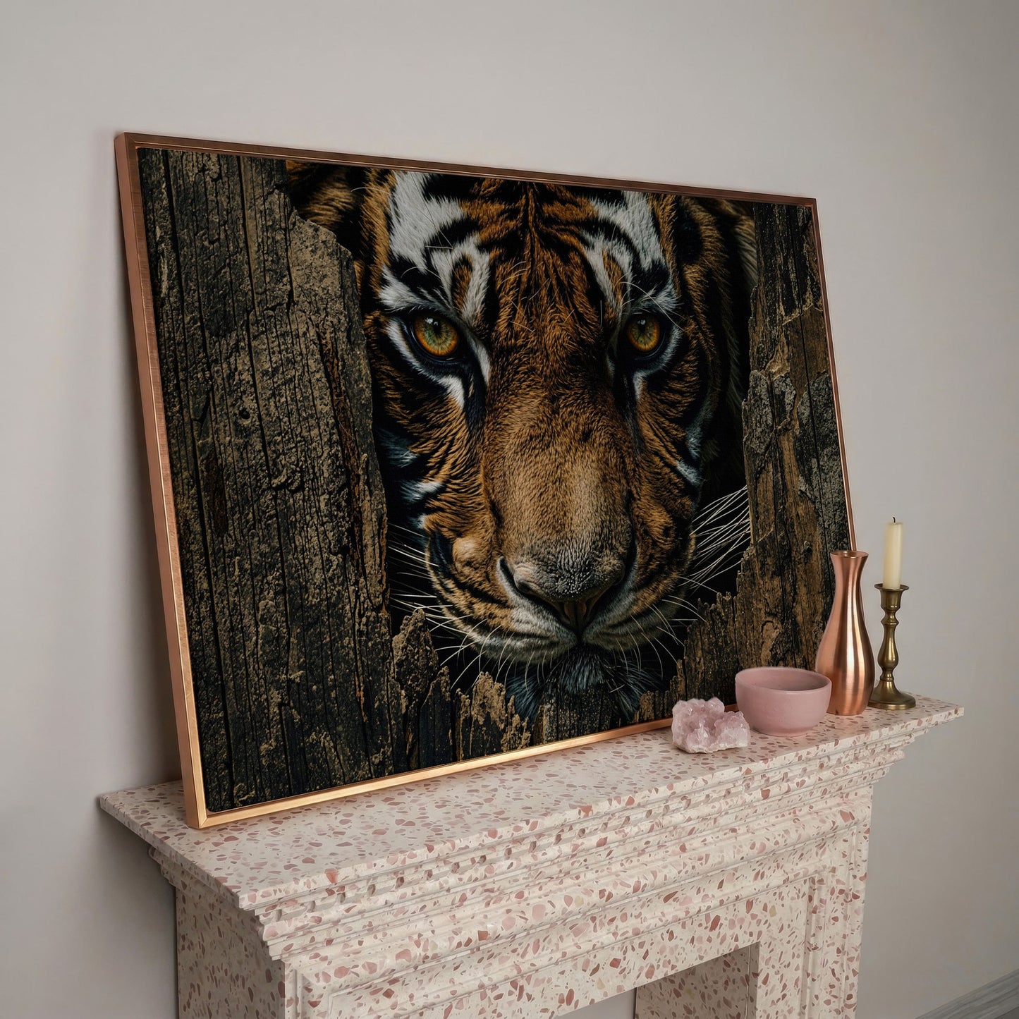 Bengal Tiger Close-Up Canvas Art, Peering Through Aged Wood in rose gold floating frame