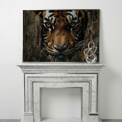Bengal Tiger Close-Up Canvas Art, Peering Through Aged Wood in silver floating frame