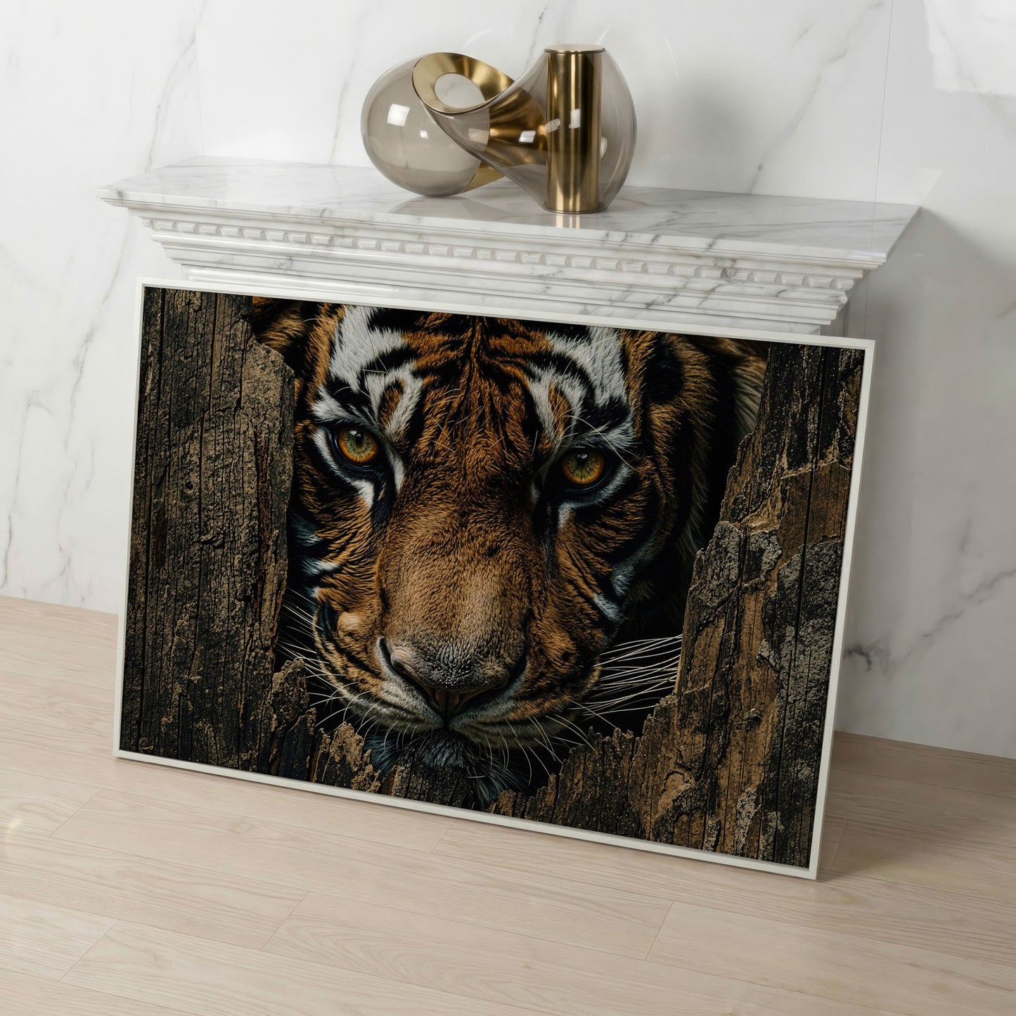 Bengal Tiger Close-Up Canvas Art, Peering Through Aged Wood in white floating frame