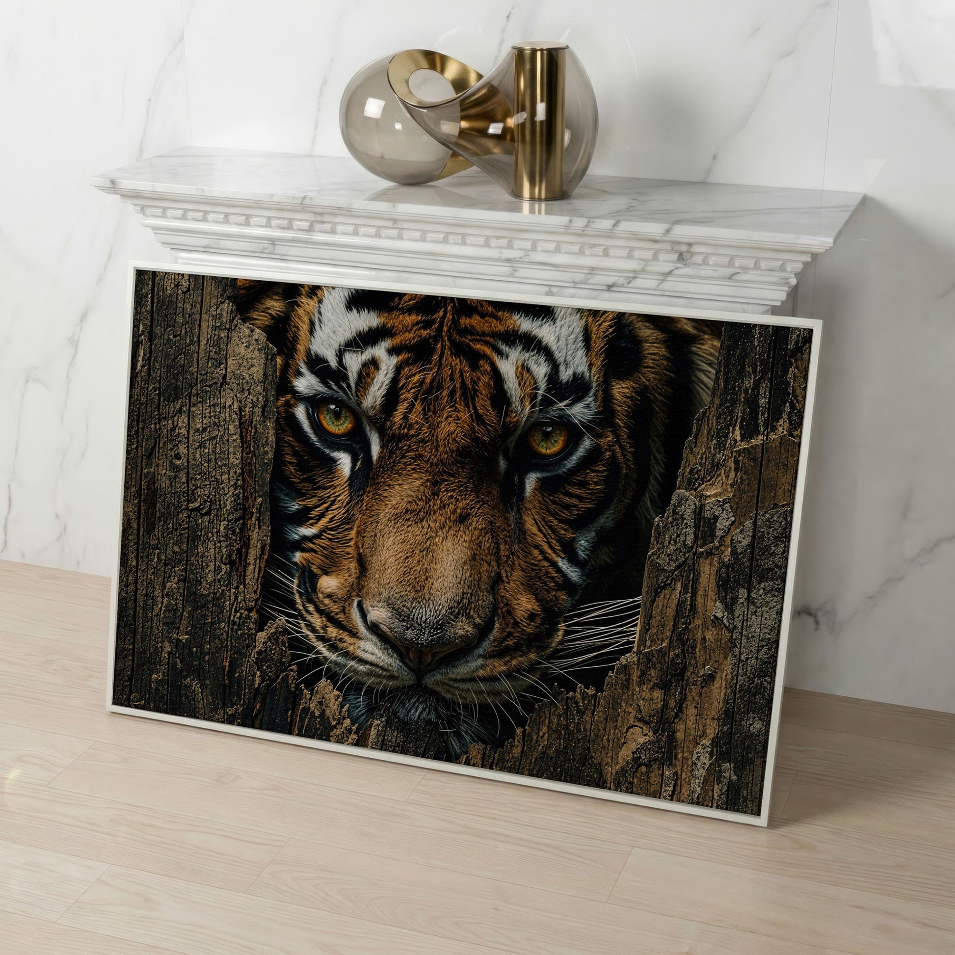 Bengal Tiger Close-Up Canvas Art, Peering Through Aged Wood in white floating frame