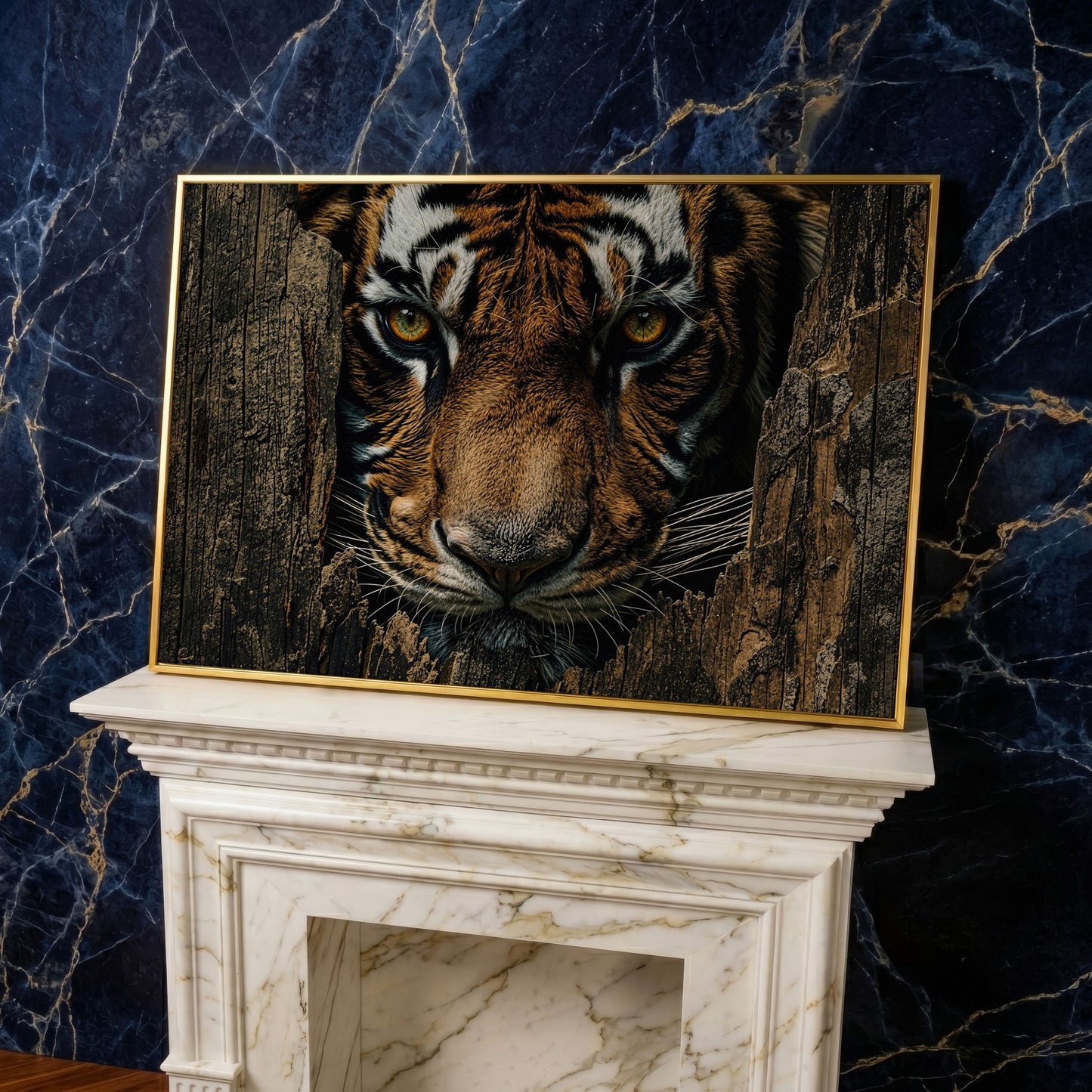 Bengal Tiger Close-Up Canvas Art, Peering Through Aged Wood in yellow gold floating frame