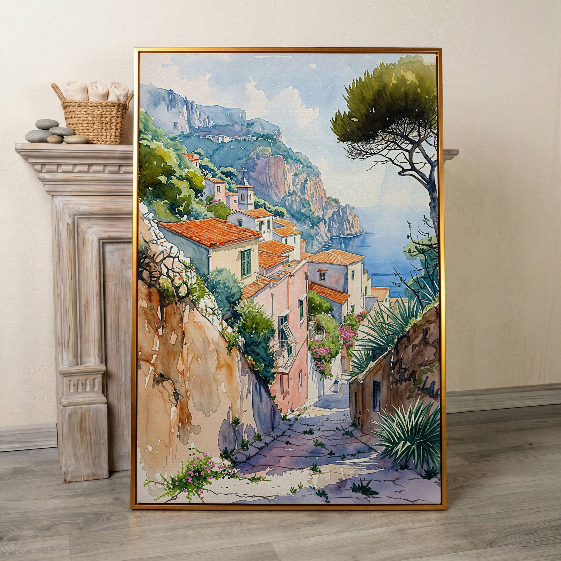 Amalfi Coast Canvas Art: Cliffside Village with Terracotta Roofs in antique gold floating frame